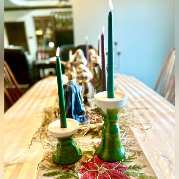 Vintage Pottery Green & White Taper Candle Holders Christmas Wedding Home Decor - Picture 1 of 9